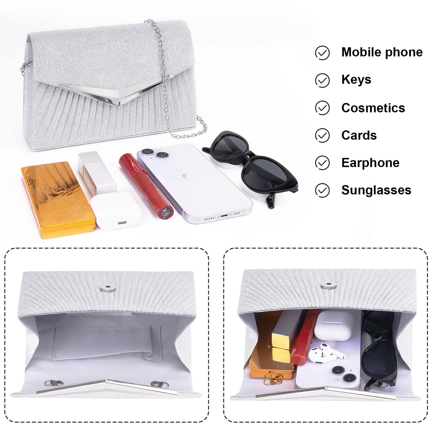 Larcenciel Women's Evening Handbags, Sparkly Pleated Silver Evening Purse with Metal Chain, Elegant Sequins Clutch Purses For Wedding Guest Formal Cocktail Prom Party Disco Club, 8.3x2.1x5.3inches