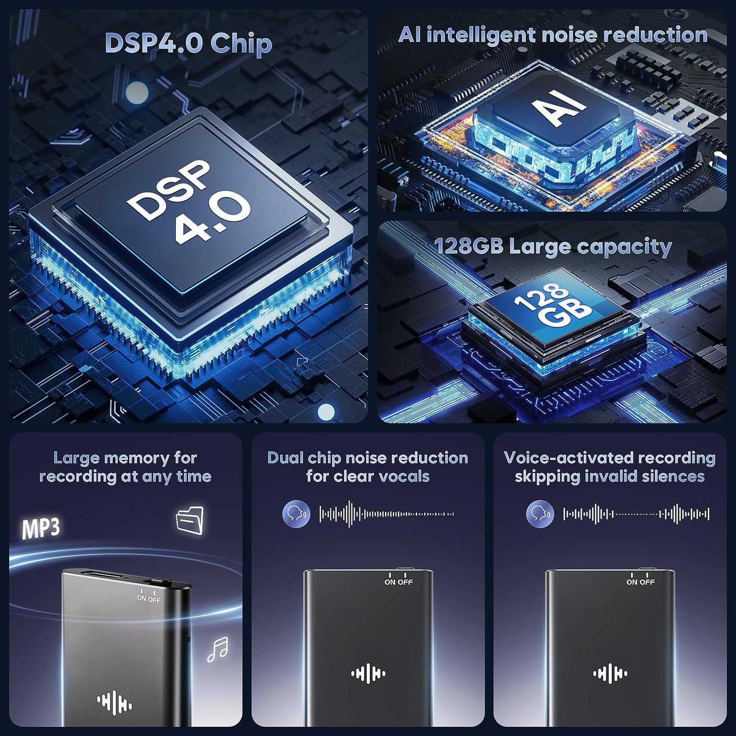 Coptdyy 128GB(9200-Hour Storage) Magnetic Voice Activated Recorder, Portable Recording Device with DSP4.0-AI Noise Cancellation, HD Audio Recorder for Meetings, Interviews & Lectures