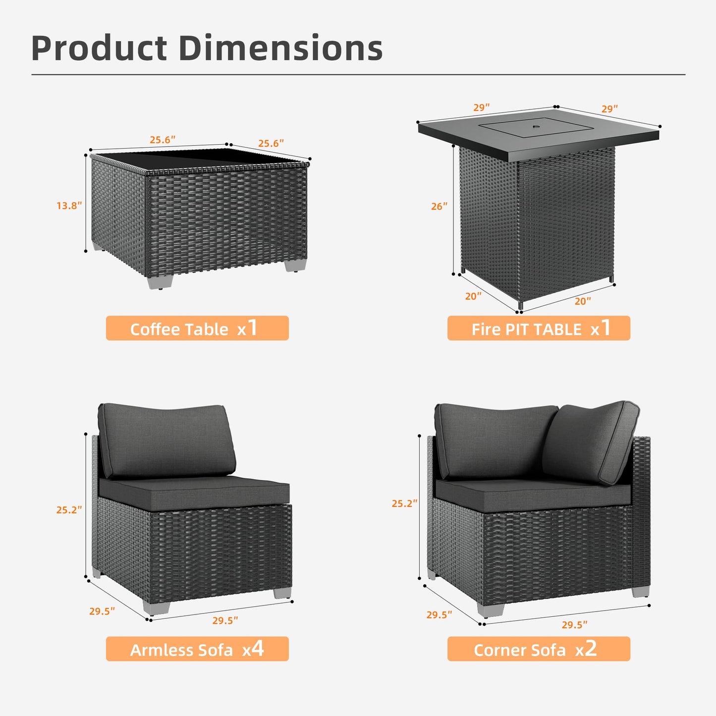 ELEGIBLISS 7 Pcs Patio Sectional Sofa - Outdoor Conversation Set PE Wicker Rattan Furniture with Coffee Table Patio Furniture for Porch Poolside Backyard Garden Modular Sofa Black Rattan