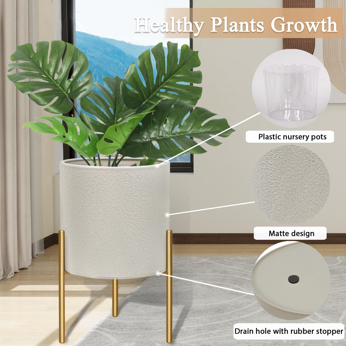 ARNIS Modern Planter Pots, Large Planters with Stand, Set of 2 Metal Planters for Plants with Drainage Holes for Living Room, Office, Garden or Balcony, 8.25 &10.5 Inch, Grey