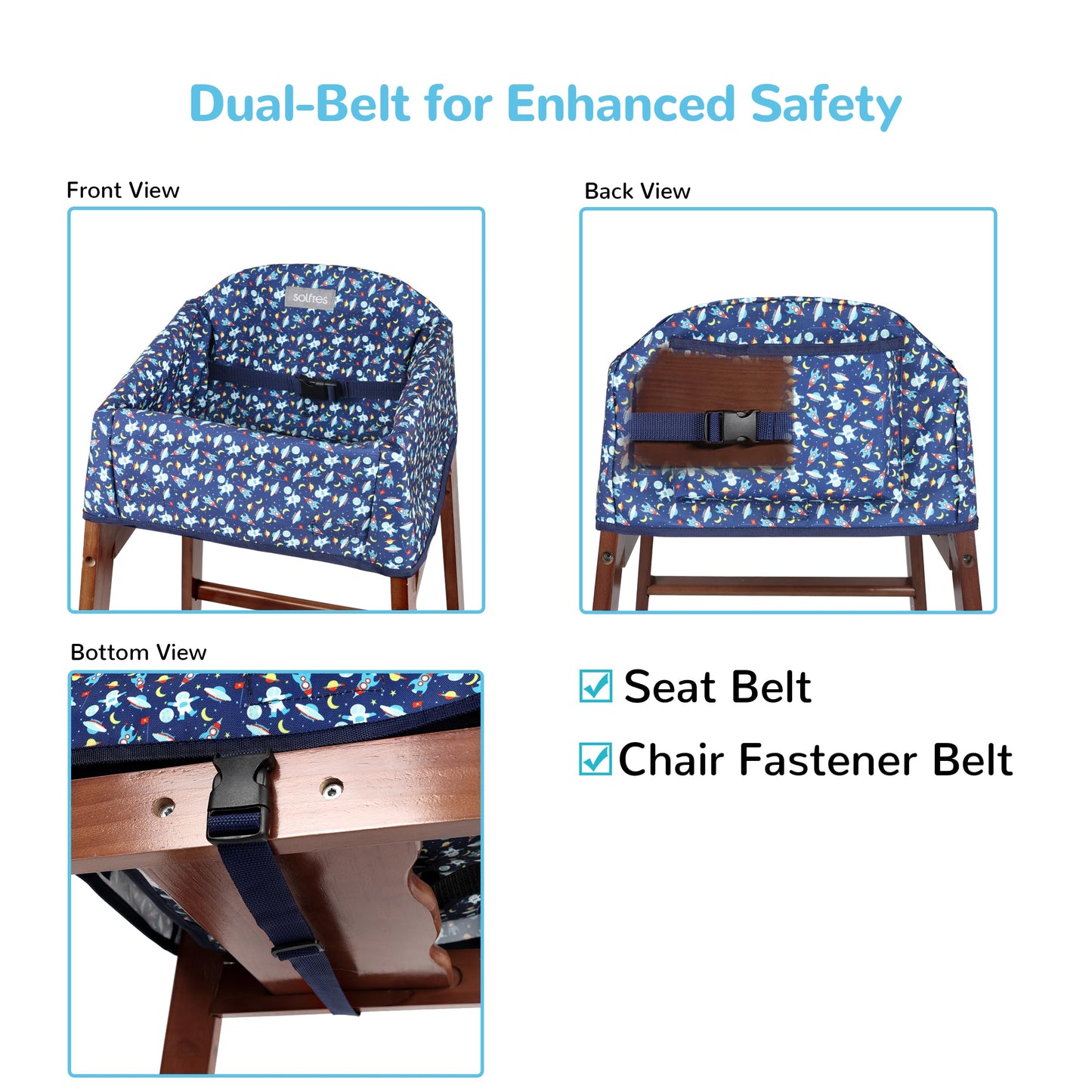 Dual-Belt High Chair Cover, Baby High Chair Cover, Upgrade Version, for Wooden or Restaurant High Chair, Sturdy and Robust Material, Blue Space