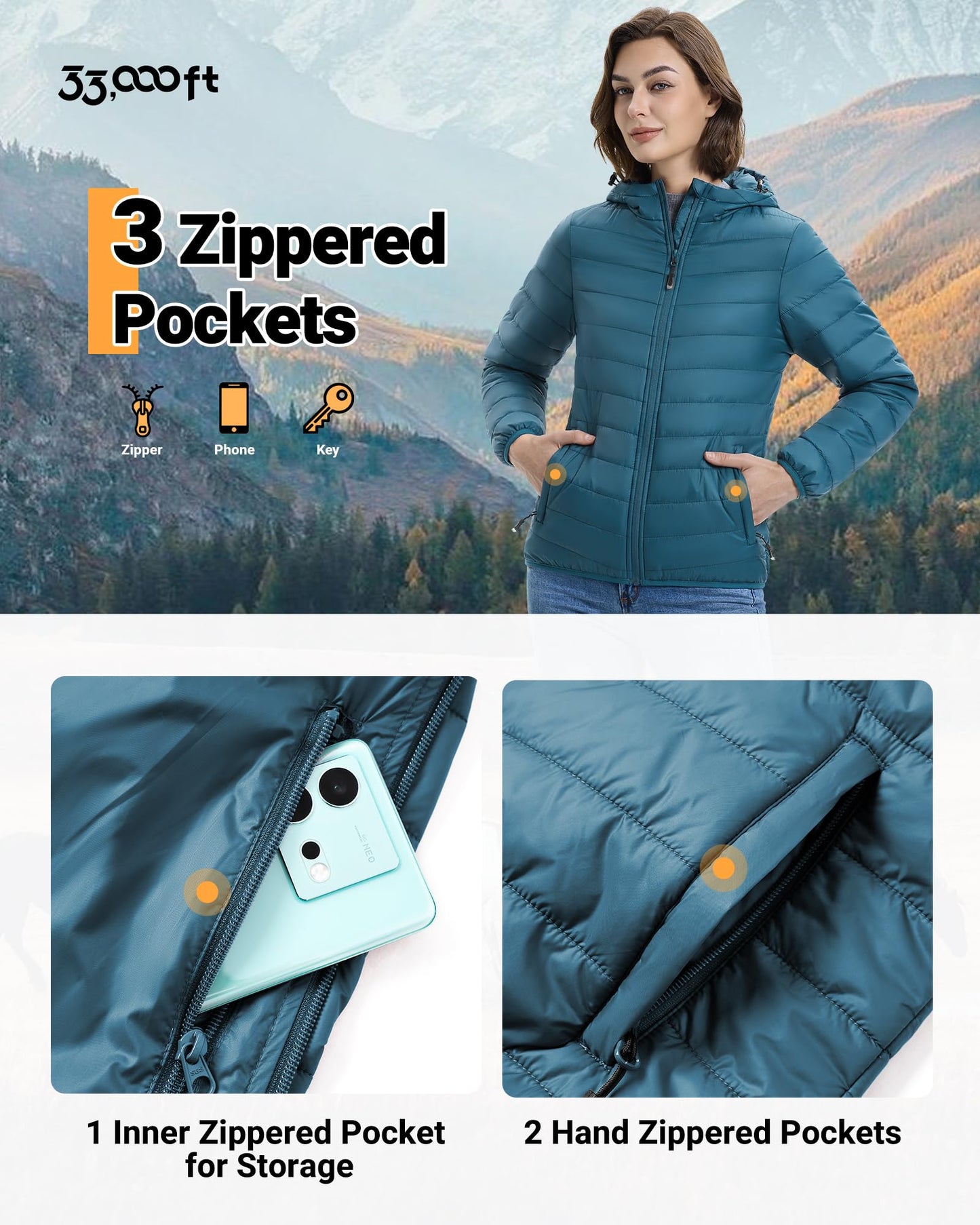 33,000ft Women's Hooded Packable Puffer Jacket Lightweight Warm Puffy Quilted Winter Coat