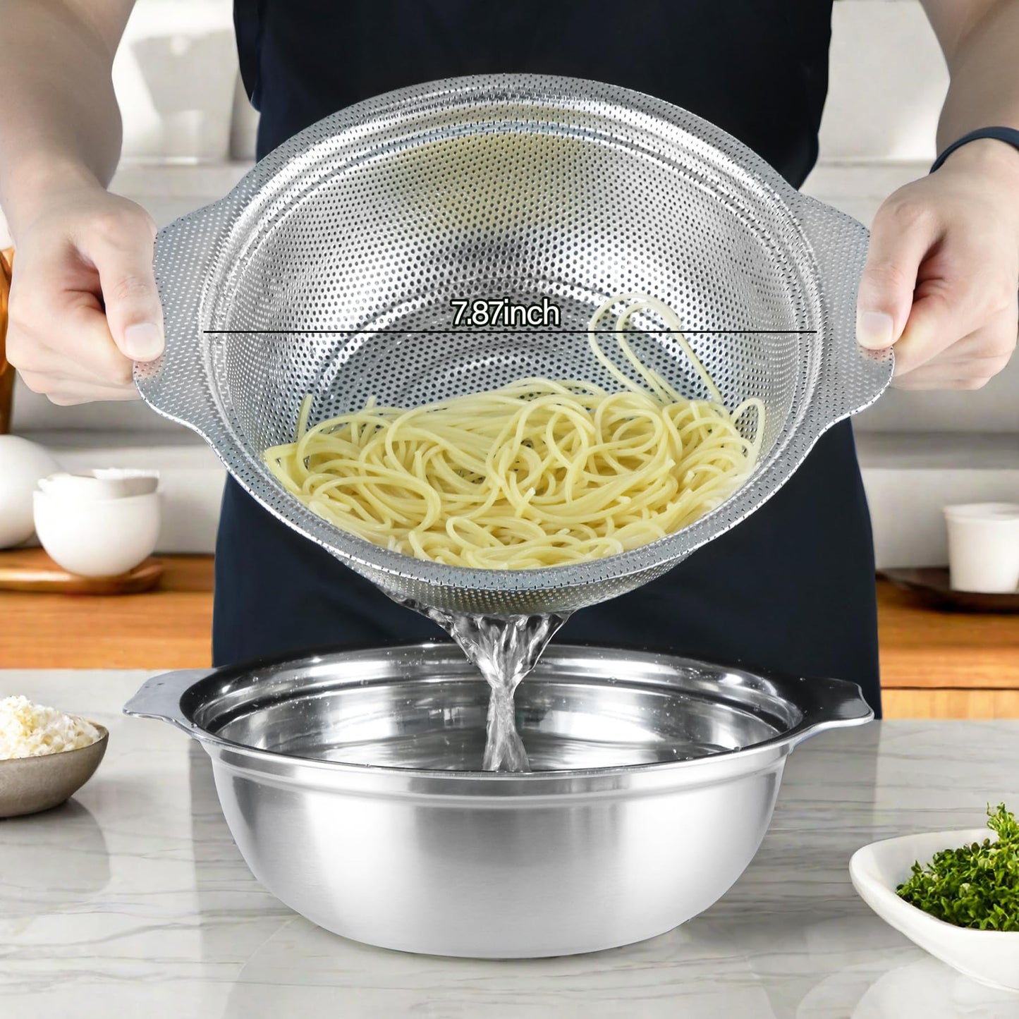 POPGRADE Stainless Steel Colander for Kitchen, 2.5QT Rice Washer Strainer with Mixing Bowl, Colander Bowl Set with Microporous for Washing Rice, Pasta, Spaghetti, Fruits, Dishwasher Safe(2PC)
