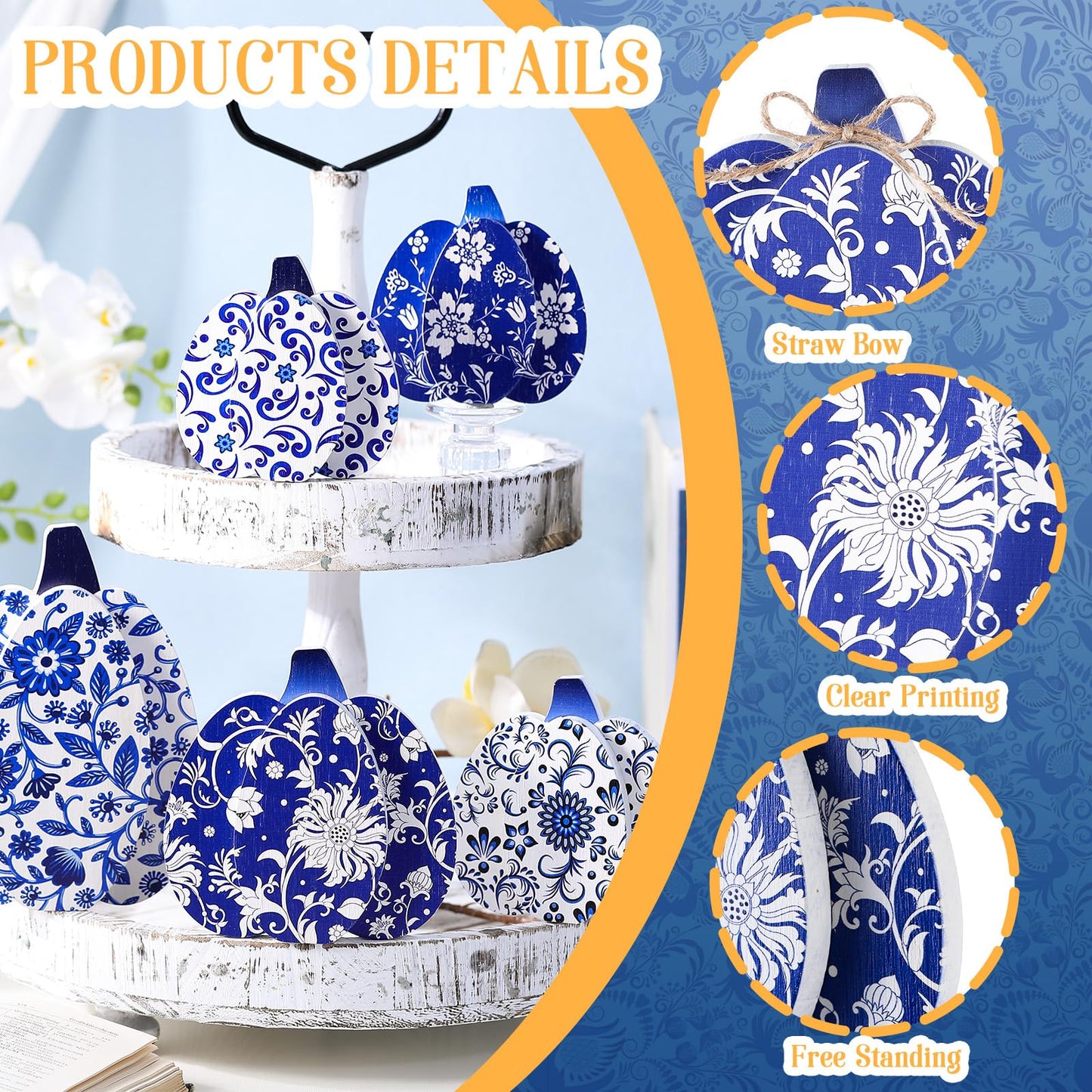 Moucuny 5 Pcs Blue and White Porcelain Pumpkin Decor Chinoiserie Porcelain Fall Pumpkin Sign Autumn Farmhouse Rustic Tiered Tray Decorations Table Centerpieces Standing Wooden Block for Home Kitchen