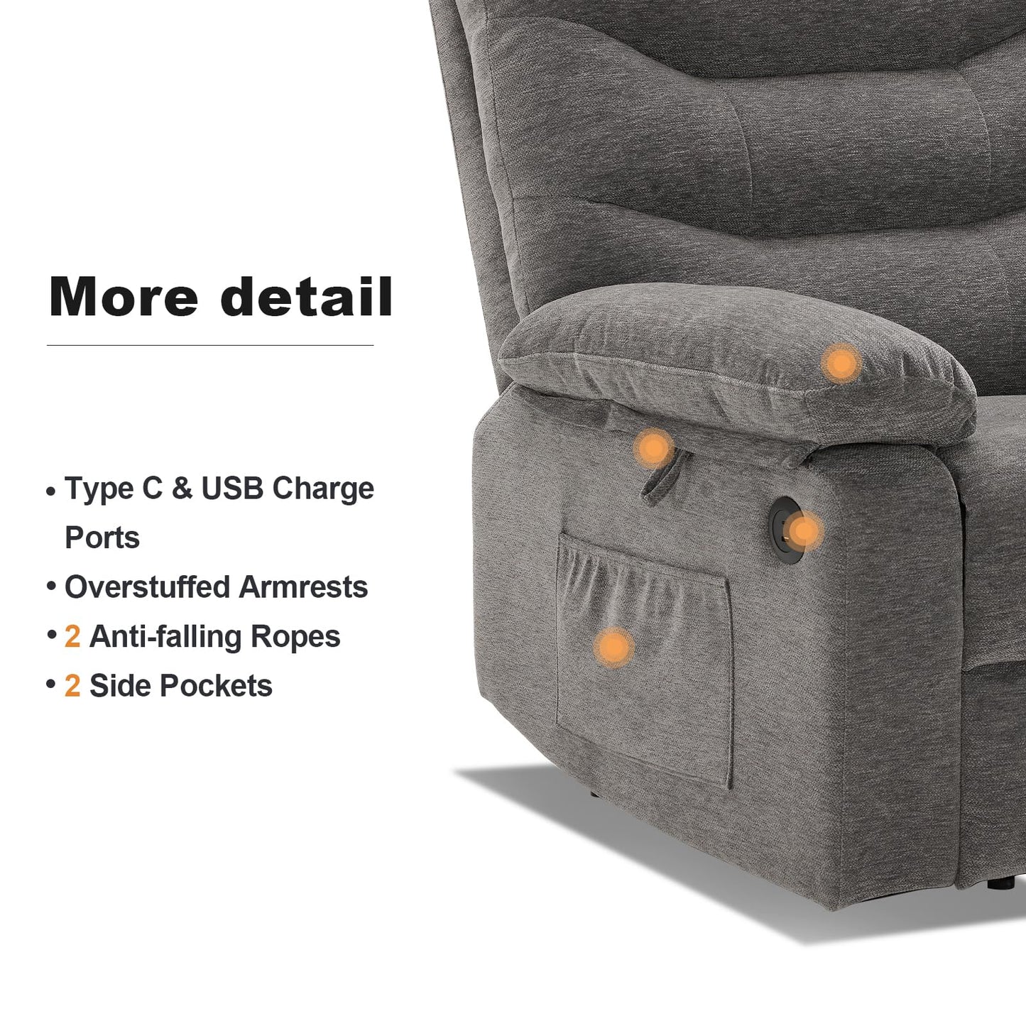 Power Lift Recliner Chair for Elderly, Oversized Electric Recliner for Adult, Chenille Fabric Lift Chair USB Ports(Grey)