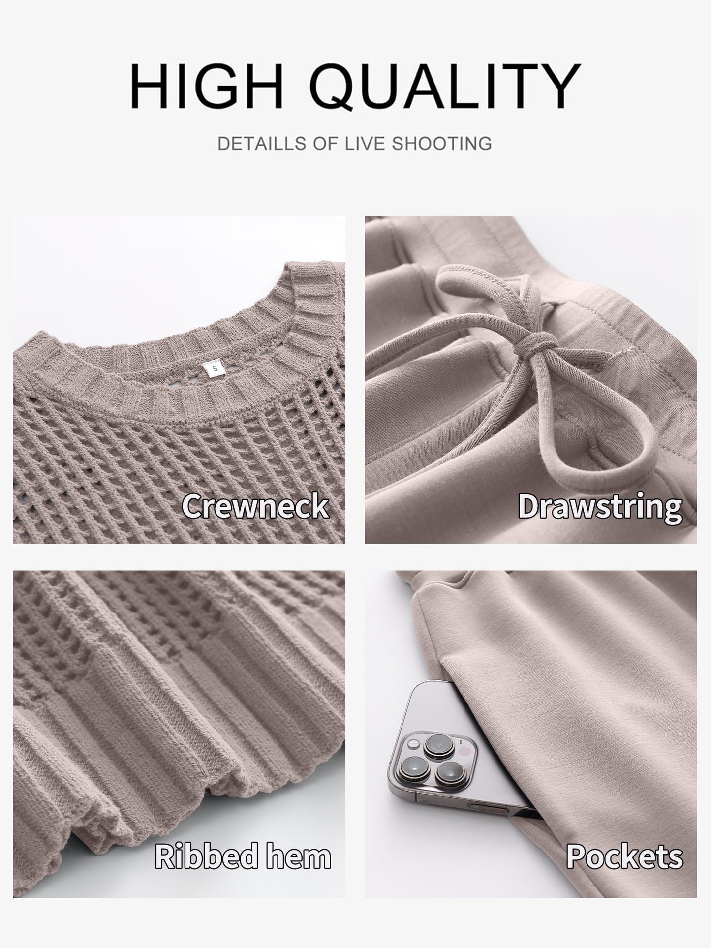 ANRABESS Women Two Piece Outfits Crochet Sheer Knit Sweater Top Wide Leg Pants Lounge Matching Sets Sweatsuit Travel Clothes light khaki X-Large