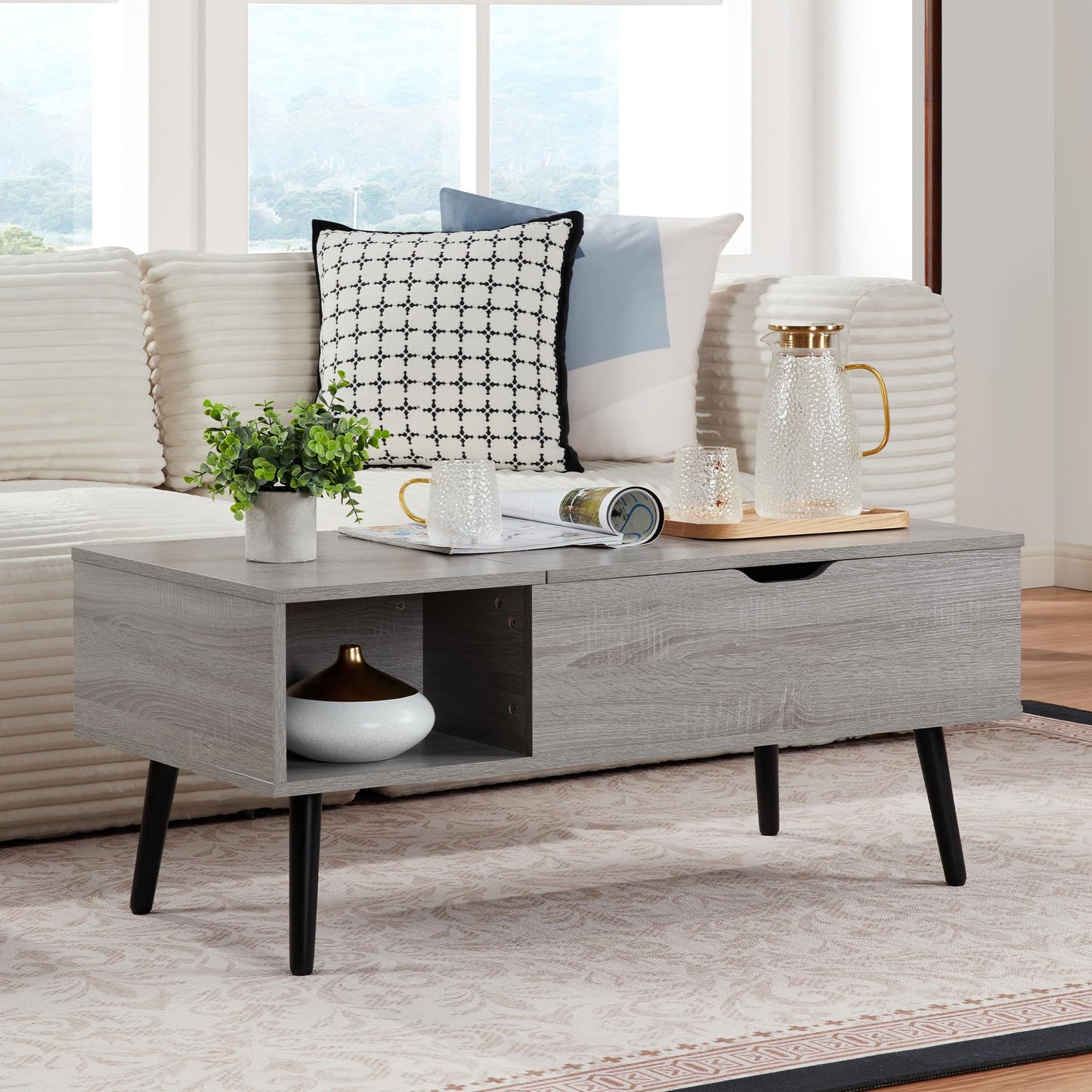 39" Coffee Table, Wood Lift Top Coffee Tables for Living Room with Storage Shelf and Hidden Compartment, Grey