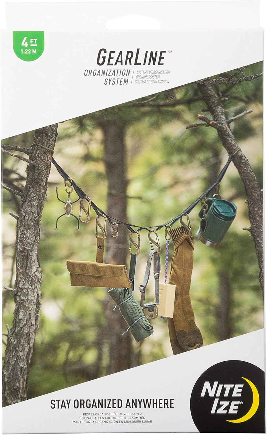 Nite Ize GearLine Hanging Organization System - Gear Ties for Camping, Hiking & Outdoor Activities - Webbing Line with S-Biner Clips & Bendable Ties - Camping Gear Organization - Coyote