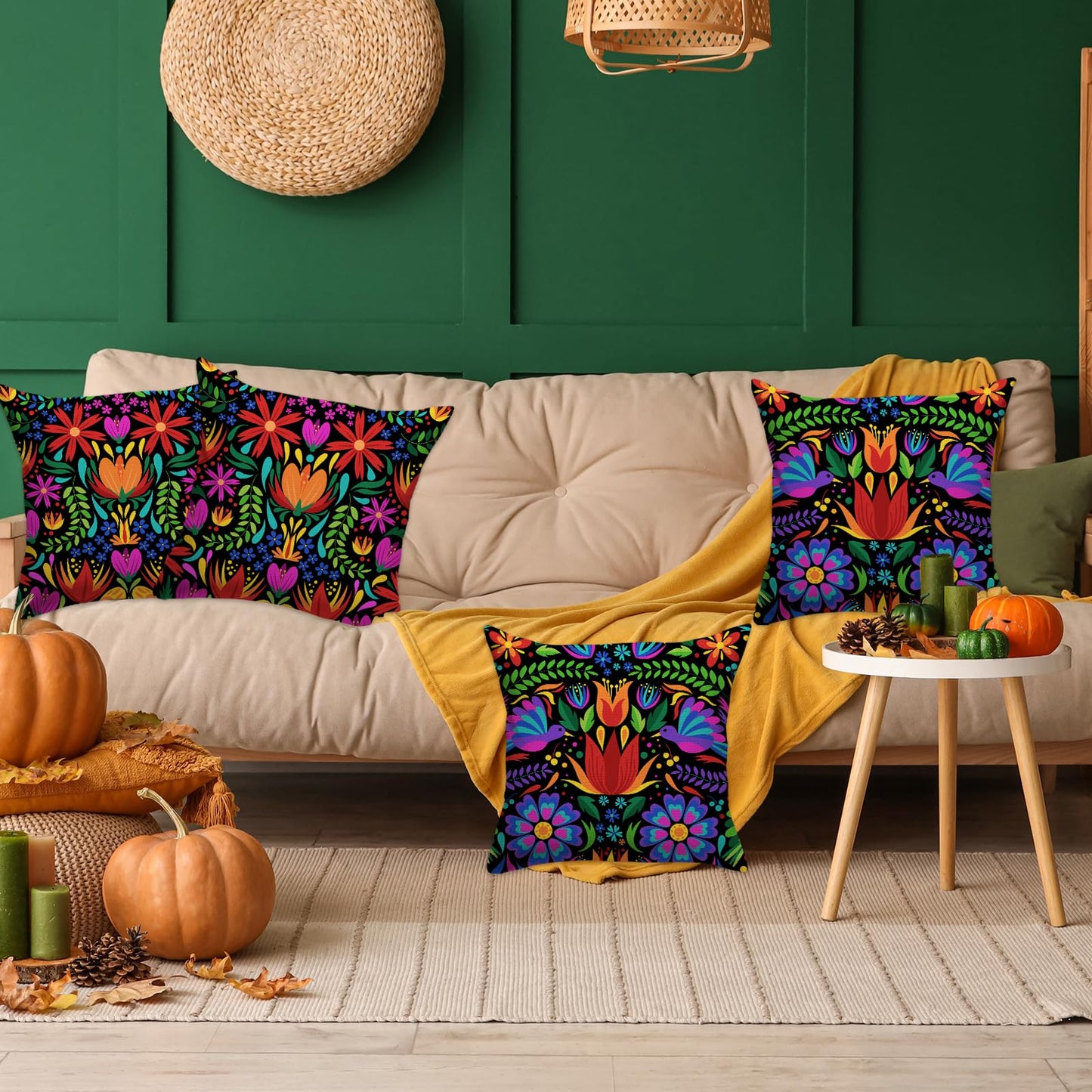 FARMNALL Mexican Fiesta Throw Pillow Covers 18x18 Set of 4 Dragonfly Flower Dahlia Pillow Case Day of The Dead Dia De Los Muertos Cinco De Mayo Decorations