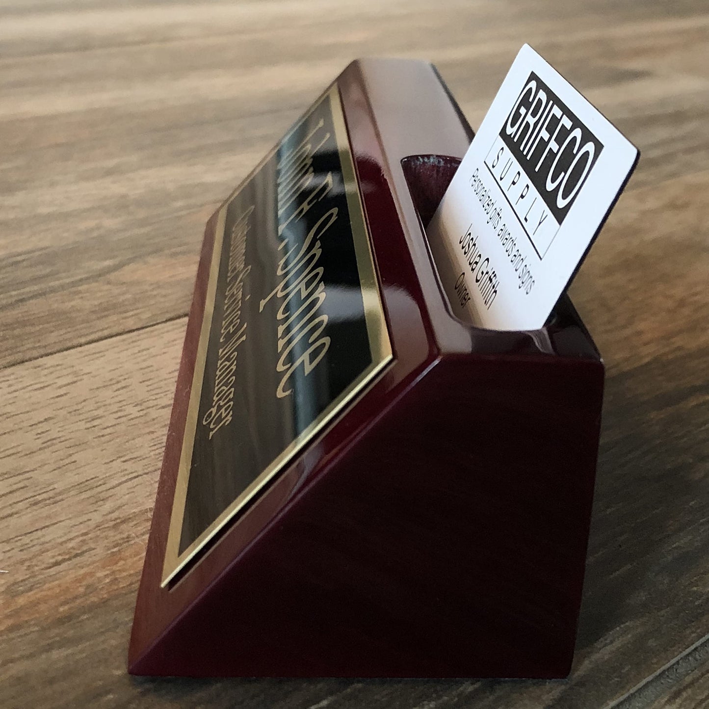 Name Plate for Desk Engraved in USA by Griffco Supply | Desk Name Plate Personalized Engraved with Business Card Holder