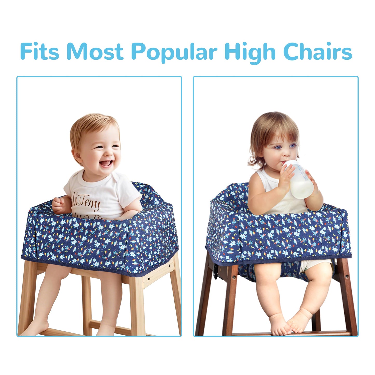 Dual-Belt High Chair Cover, Baby High Chair Cover, Upgrade Version, for Wooden or Restaurant High Chair, Sturdy and Robust Material, Blue Space