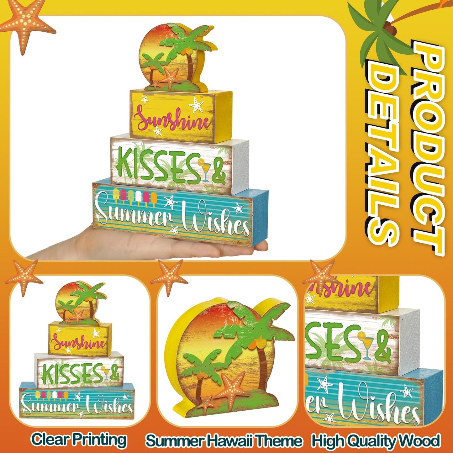 Burbell 4 Pcs Summer Wooden Tiered Tray Decor Farmhouse Rustic Table Decor Books Stack Block Signs for Table & Home Office Decorations(Hawaii Style)