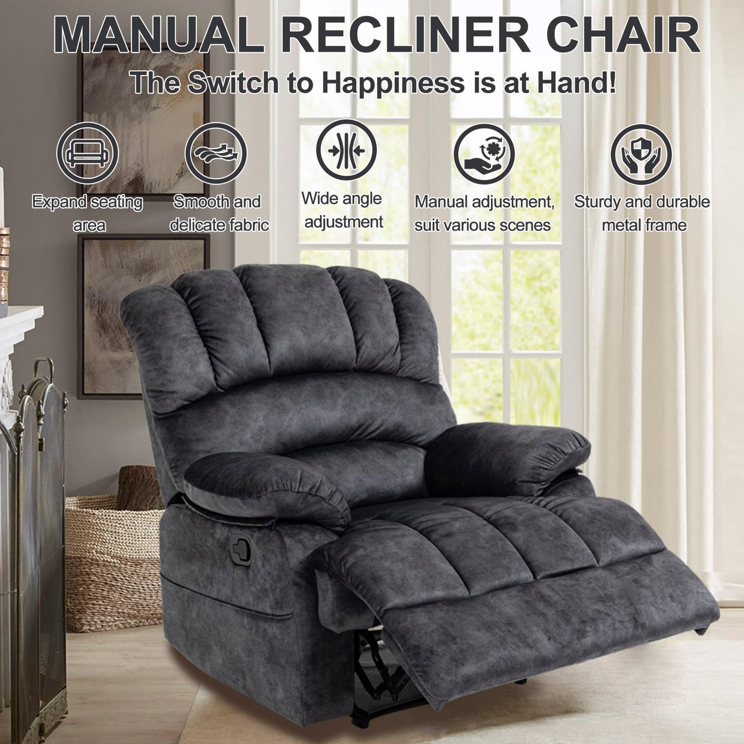 ZJTFNOU Oversized Recliner Chairs for Adults，Manual Adjustable Recliner Chair with Overstuffed Backrest with Lumbar Support, Reclining Chair Single Seat Sofa for Living Room, Bedroom