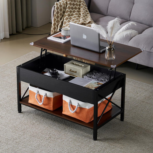 VINGLI 36" Lift Top Coffee Table with Storage, Rustic Espresso Coffee Table with Free Cloth Storage Bins for Living Room, Small Side Table for Small Space in Minimalistic Style, Espresso
