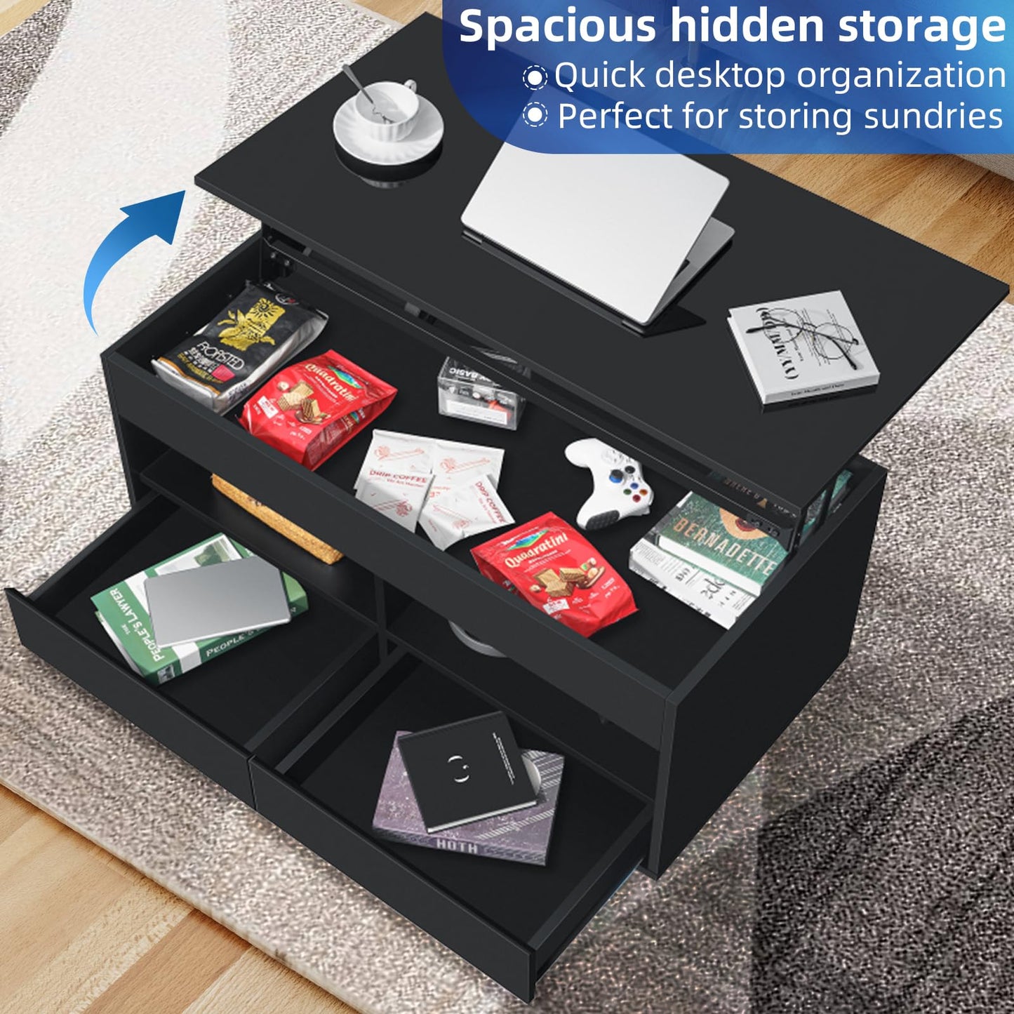 HOMMPA 40‘’ LED Coffee Table for Living Room, Lift Top Coffee Tables with Storage, Morden High Gloss 4 Tiers Black Tea Table Center Tables with Hidden Compartment & 2 Open Shelve & 2 Drawers