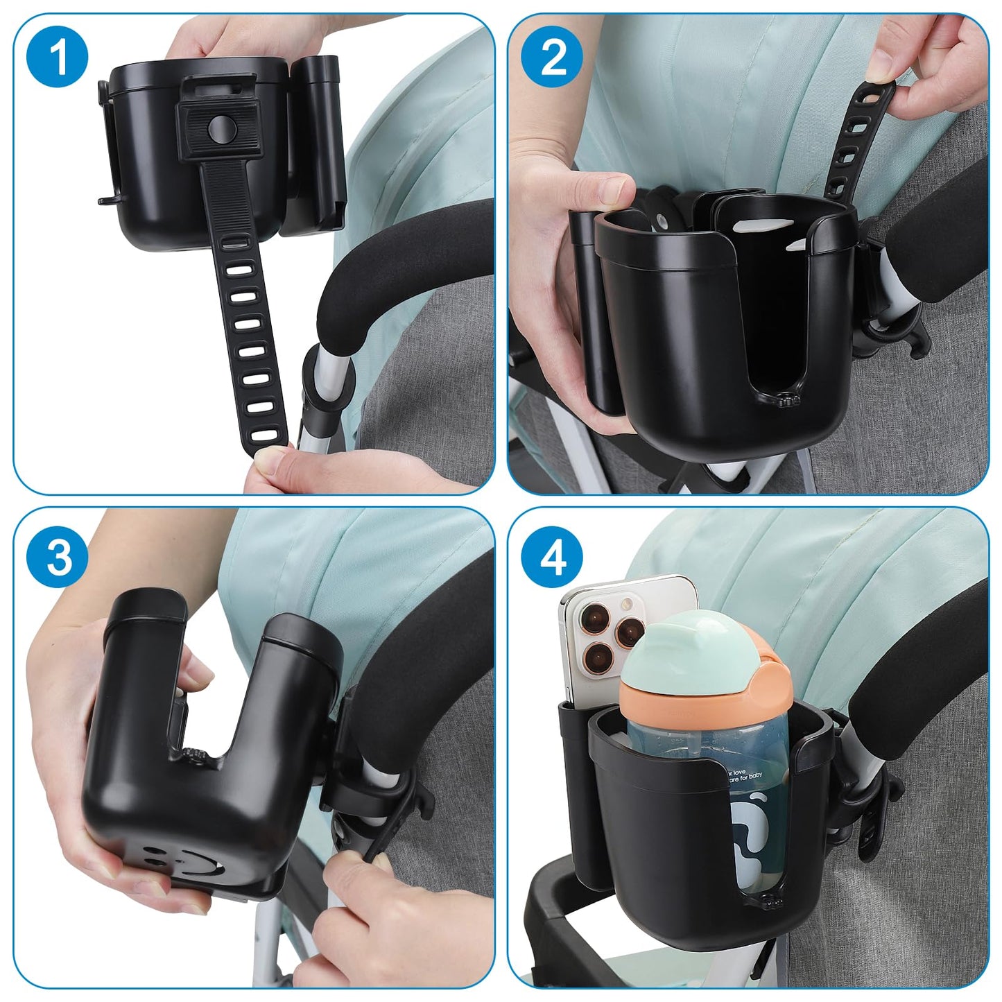 Accmor Stroller Cup Holder with Adjustable Strap, 360 Degree Rotatable Universal Cup Holder for Uppababy, Nuna, Doona Stroller, Drinks Holder for Wheelchair, Walker, Rollator