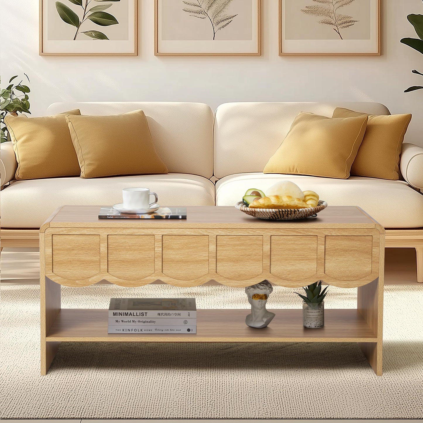 Lift Top Coffee Table with Hidden Compartment, 2 Tier Wooden Center Table with Wave Panel, Modern Lift Tabletop for Home Living Room Office, Natural