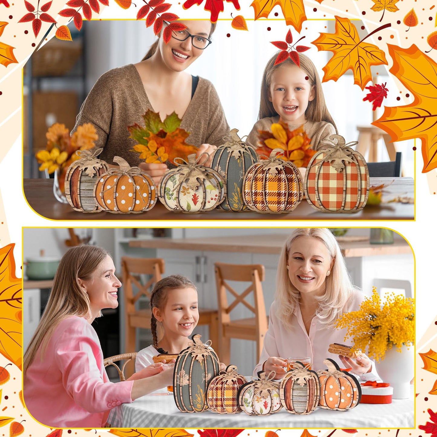 Leinuosen 6 Pcs Fall Pumpkin Decor Pumpkin Wooden Block Sign Fall Tiered Tray Decor for Home Autumn Table Centerpieces Decorations for Thanksgiving Harvest Table Mantel Shelf