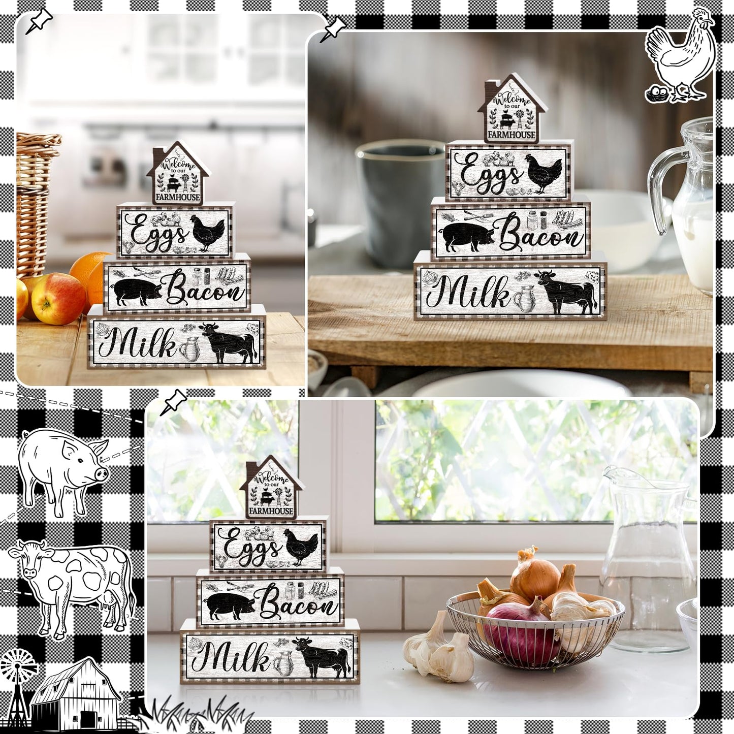 TOMPOP 4 Pcs Farmhouse Decor Wooden Tiered Tray Signs, Rustic Rooster Pig Cow Decorative Faux Book Stack Block Farm Animal Distressed Tabletop Centerpieces for Home Kitchen Shelf Table Decorations