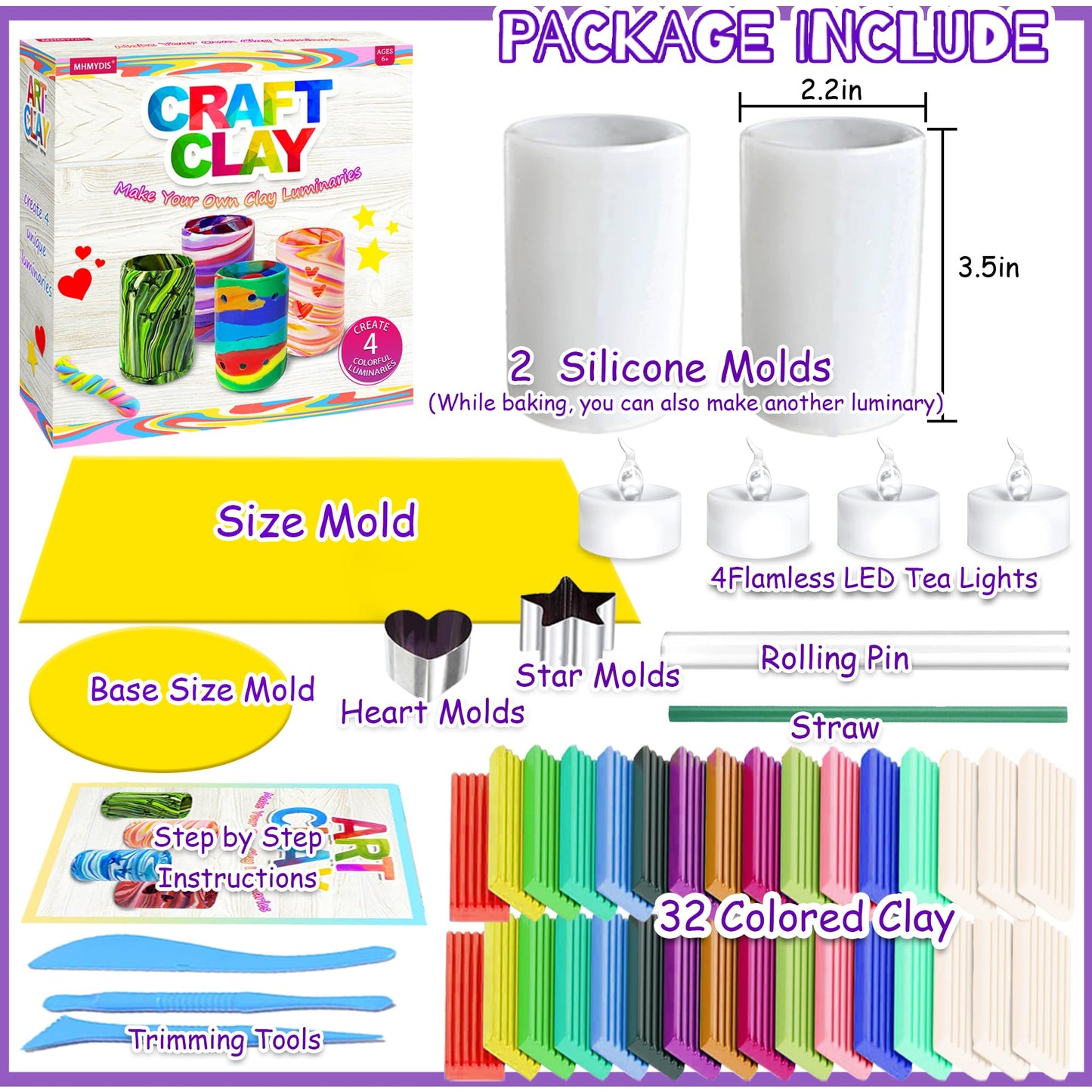 MHMYDIS Make Your Own Clay Luminaries - Arts and Crafts kit for Boys Girls and Teens Age 6 7 8 9 10 11 12 Year Old and up - Creative Clay Lantern Toys for 8-12 Year Olds