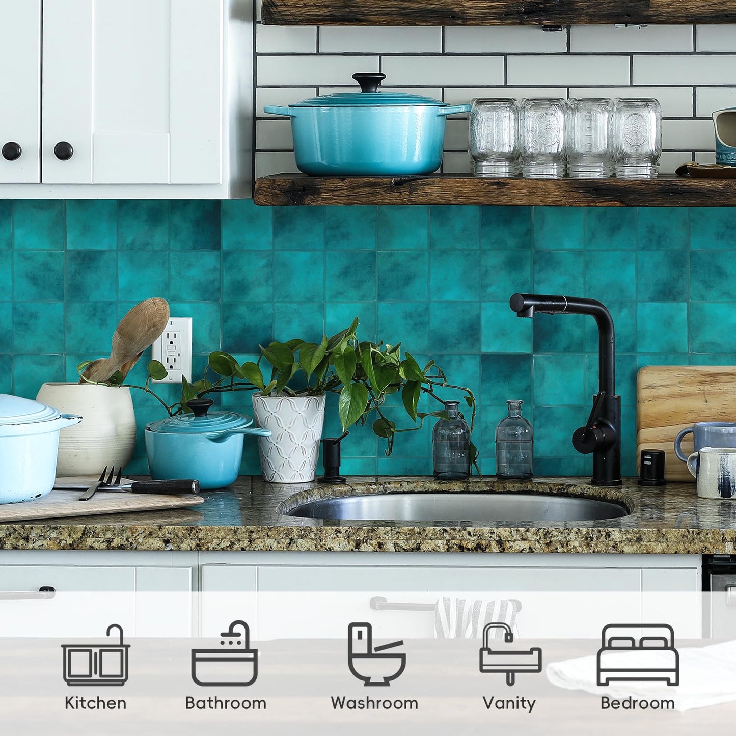 Peel and Stick Backsplash Tiles, 10 Sheets Blue Costa Faux Spanish Handmade Tile for Kitchen, Bathroom, Wall Tile (12" × 12")