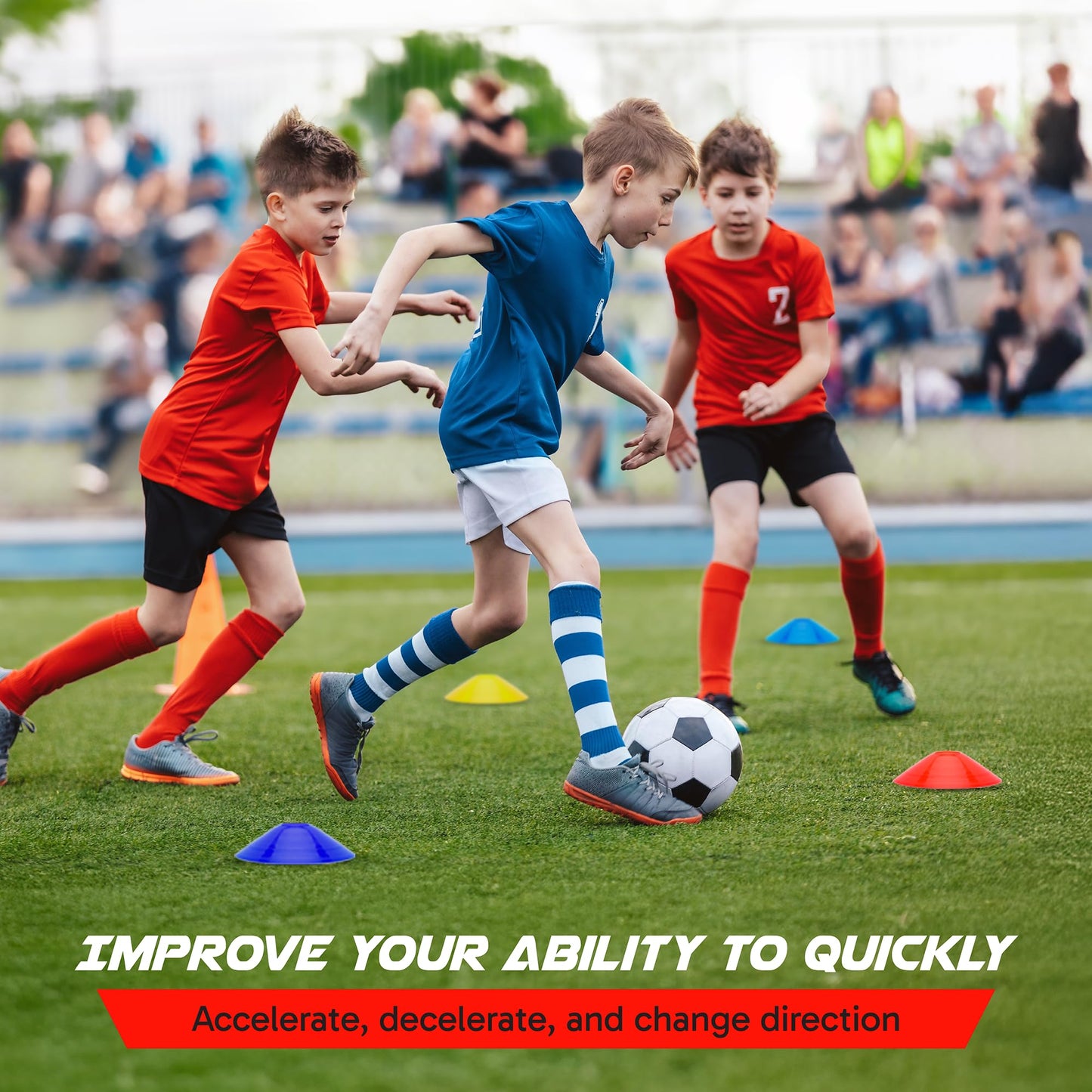 Pro Disc Cones (Set of 50) - Agility Soccer Cones with Carry Bag and Holder for Sports Training, Football, Basketball, Coaching, Practice Equipment, Kids - Includes 15 Best Drills Book (Bright Orange)