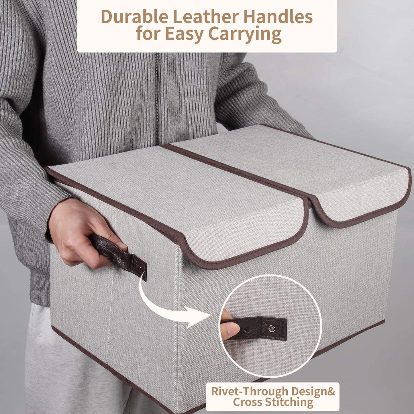 Tcbelosion Foldable Fabric Storage Box with Double-Lid & Dividers, Large Organizer for Home, Closet, Office(Grey)