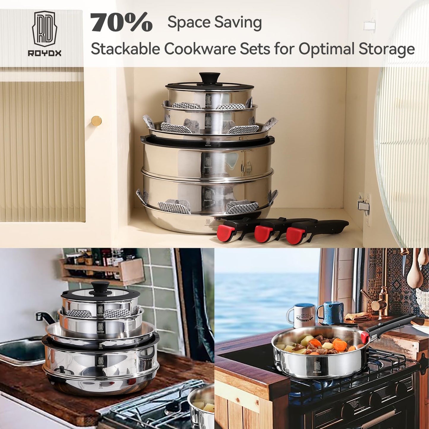 ROYDX 20pcs Pots and Pans Set, Stainless Steel Cookware Set Detachable Handle, Induction Kitchen Stackable RV Cookware Sets, (Camper, Boat, Small Kitchen), Dishwasher Safe&Oven Safe, PFOA Free, Silver