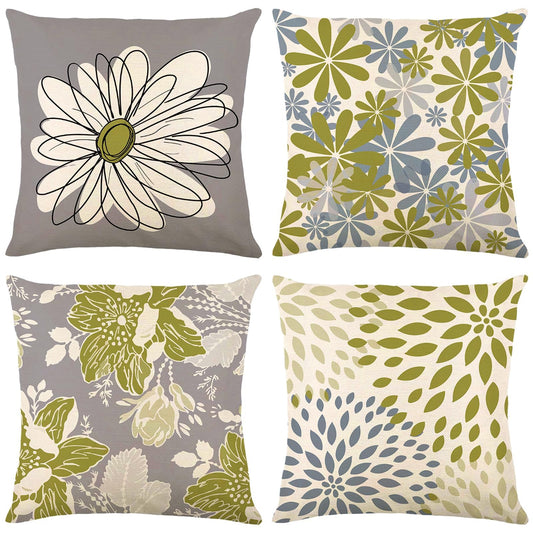 Baidast Green Olive Decorative Throw Pillow Covers 18x18 Set of 4, Green and Grey Modern Daisy Floral Pillows Linen Pillow Covers for Couch Sofa Living Room