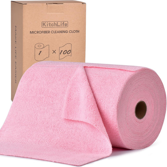 KitchLife Microfiber Cleaning Cloth Roll, 100 Pack - Tear-Away Towels, Lint-Free, Reusable, Washable for Kitchen, Car, Dishes, and Sensitive Surfaces (Pink)