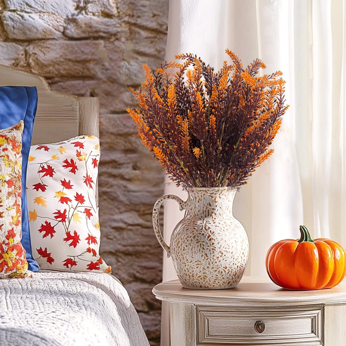 TURNMEON 10 Bundles Artificial Fall Flowers for Outdoors Fall Decorations, UV Resistant Artificial Lavender Plastic Flowers Faux Fall Plants Fake Mums Autumn Thanksgiving Decor Porch Home Gardens