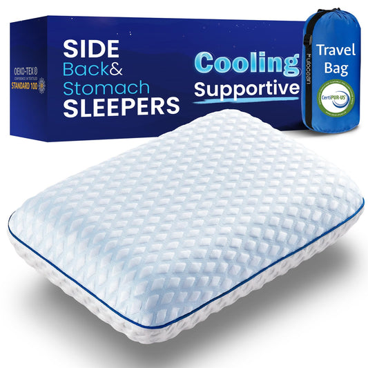 Cooling Travel & Camping Memory Foam Pillow for Sleeping,Contoured Support Medium Firm Small Travel Pillows for Airplanes & Backpacking Car Toddler Kids Compact Lightweight, Breathable Washable Cover