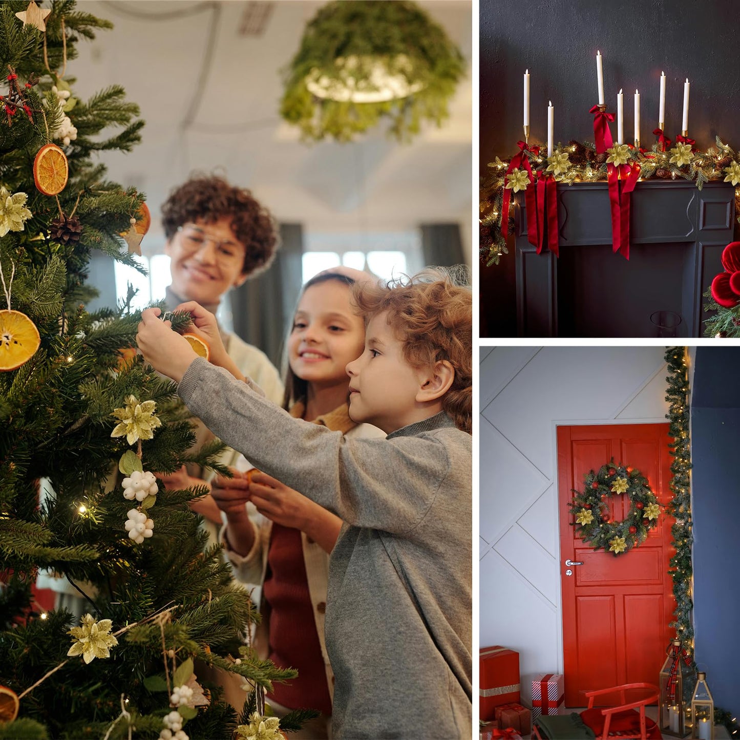 yuagolle Christmas Artificial Poinsettia Flowers: 12pcs Gold Poinsettia with Clips Silk Glitter Picks Fake Floral, for Decorations, Xmas Tree Decor, Wreath Garland Bulk, Wedding, New Year Ornaments