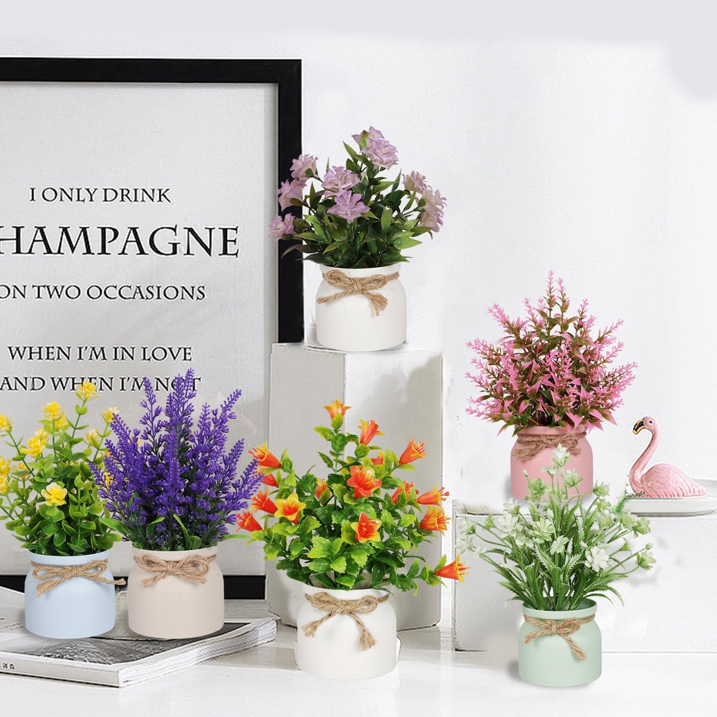 6pcs Artificial Pot Flowers Small Fake Plants with Pot Mini Potted Plants for House Office Tabletop Decoration