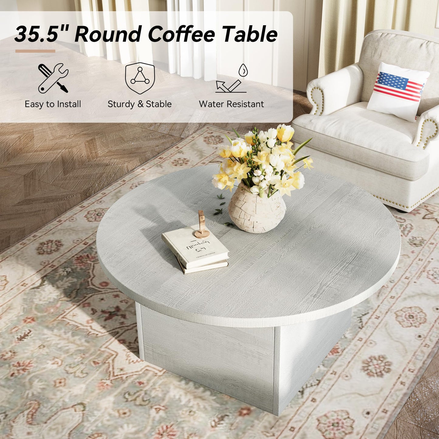 AMICLIBER Round Coffee Table, 35.5-Inch Modern Engineered Wood Center Coffee Tables for Living Room, Home Office Wooden Farmhouse Rustic Cocktail Tea Accent Table,White