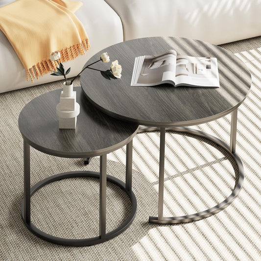 VILAWLENCE Nesting Coffee Table Set of 2, Modern Round Side Table End Tables for Living Room Bedroom Balcony,Grey Wooden Stacking Accent Coffee Tables with Metal Frame