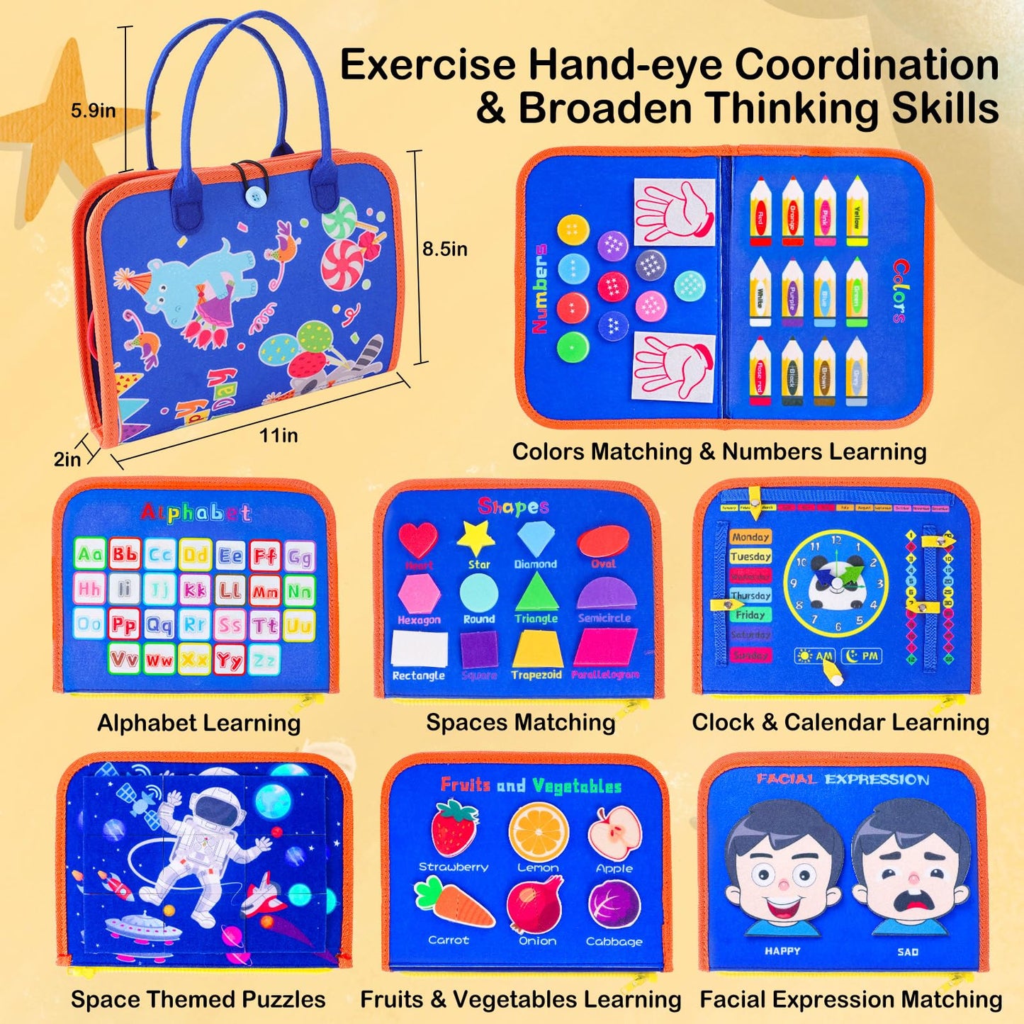 BESNEL Busy Board for Toddlers 2-4, Busy Book for Preschoolers, Educational Activity Sensory Board for Learning Fine Motor Skills, Zipper Board, Gifts for Boys & Girls