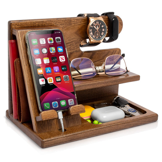 TESLYAR Wood Phone Docking Station for Men - Desktop or Nightstand Organizer - Birthday gifts for Men, Dad - Anniversary Idea from Wife - Key Holder, Stand Wallet, Watch & Essentials (Ebony)