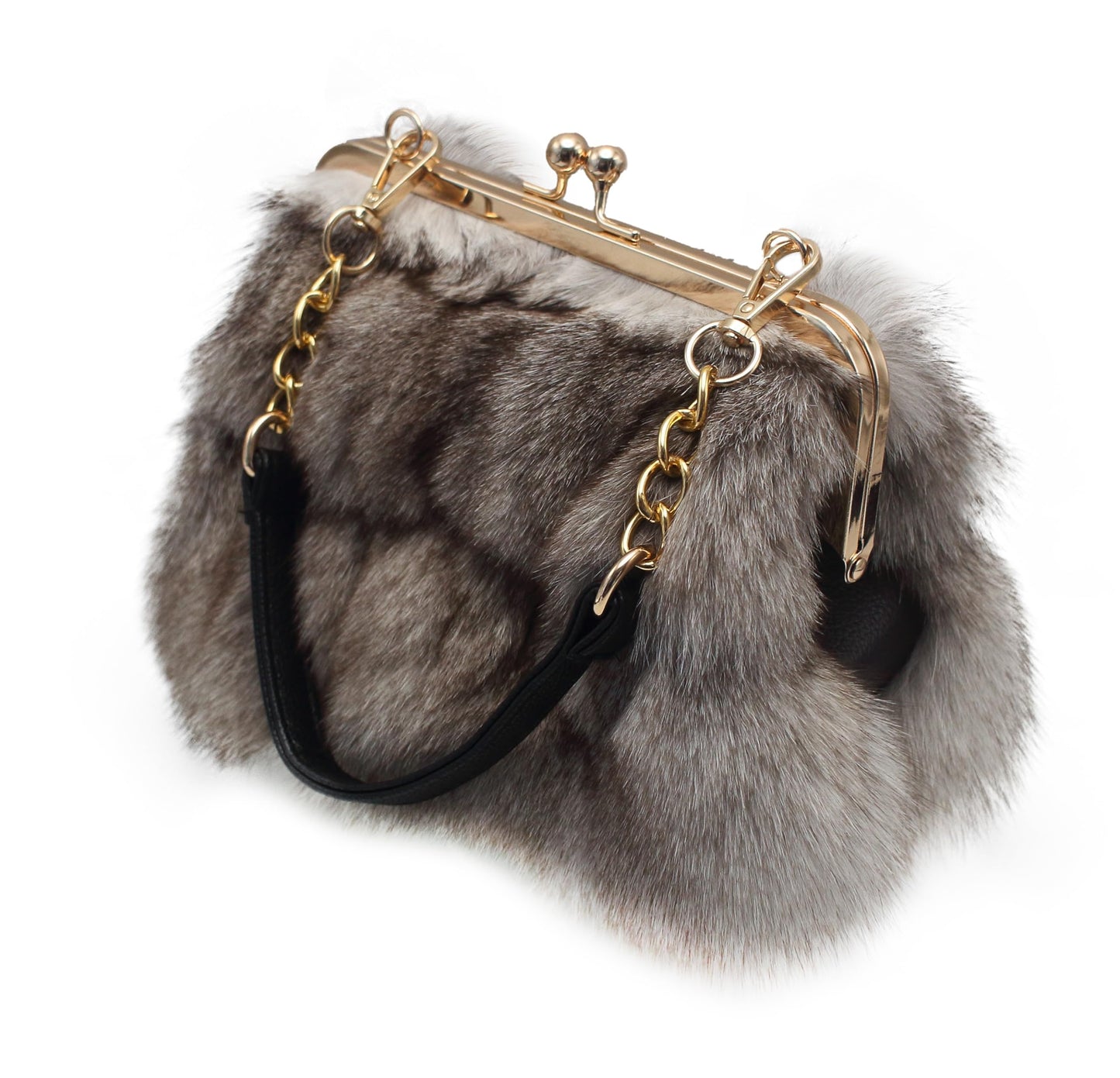 Luxurious Fashion Natural Fox Fur with Hair Handbag for Women and Ladies (White, Small) (Gray)