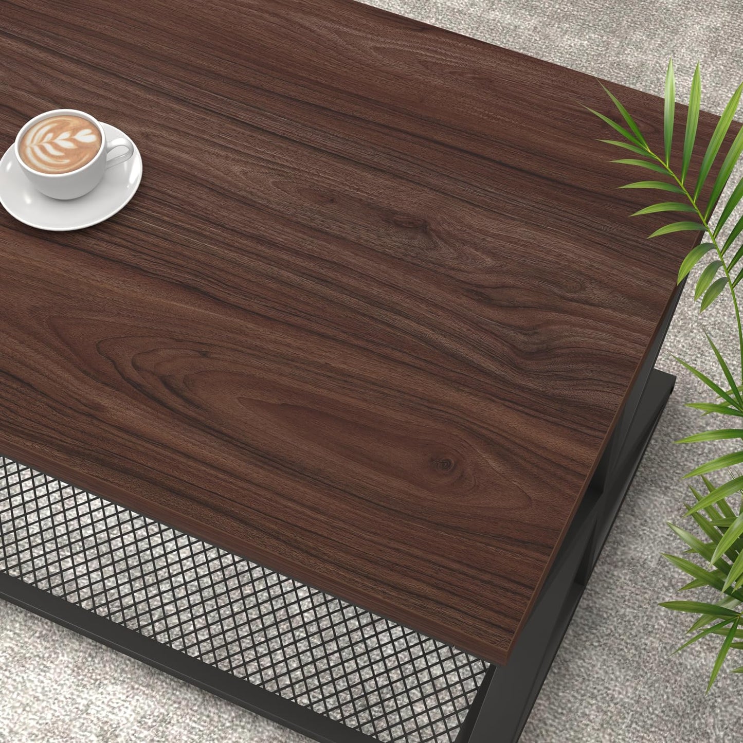 IBF Walnut Coffee Table with Storage, Industrial Wood Metal Rectangle Living Room Table, Vintage 2 Tier Middle Center Table with Mesh Shelf, Walnut, 47 inch