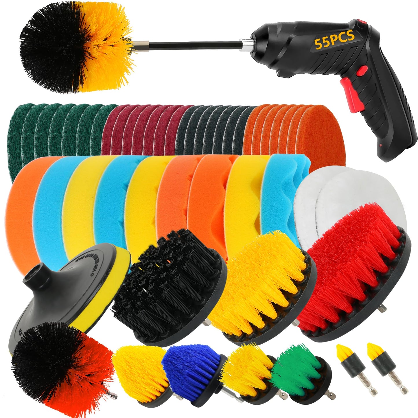 55pcs Drill Brush Attachment Set - Cleaning Scrubber Brush Kit with Cordless Screwdriver, Wear-Resistant Extend Long Attachment, Scouring Pads, Sponge, Polishing Pads for House, Car, BBQ