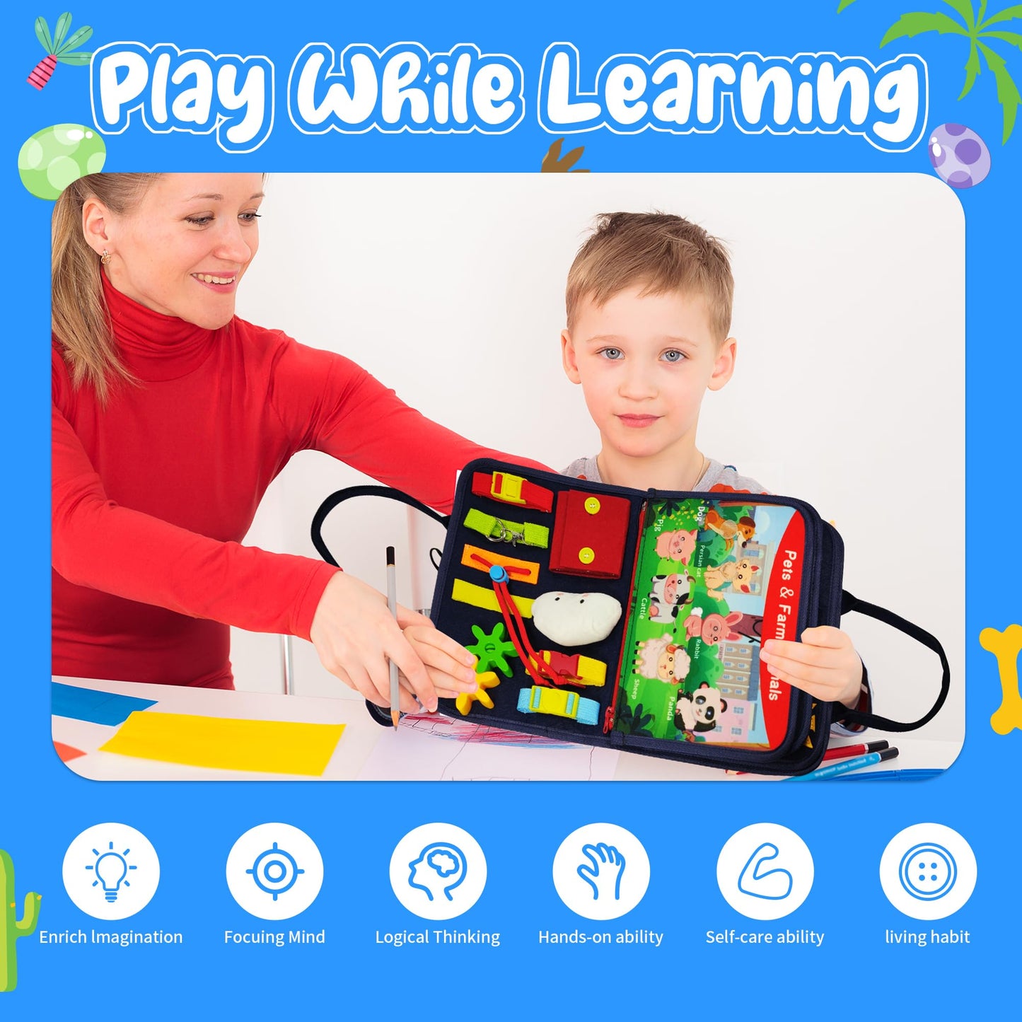 TenFans Busy Board - Montessori Toys for 1 2 3 4 Year Old - Sensory Toys for Toddlers 1-4 - Gifts for Boys Learning Fine Motor Skills - Educational Activities Travel Toys for Car Airplane