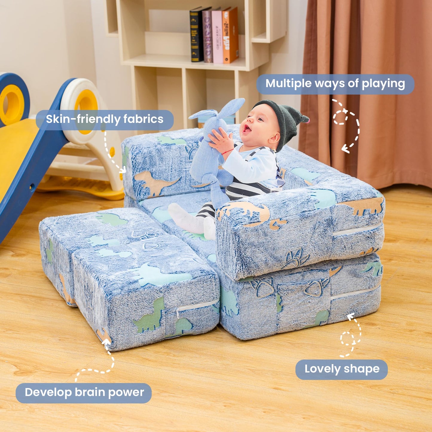 furlinkhm Toddler Couch, Glow in The Dark Kids Play Couch Toddler Fold Out Couch, Kids Fold Out Couch for playroom, Convertible Baby Fold Out Play Foam and Floor Cushion for Bedroom, Blue+Dinosaur