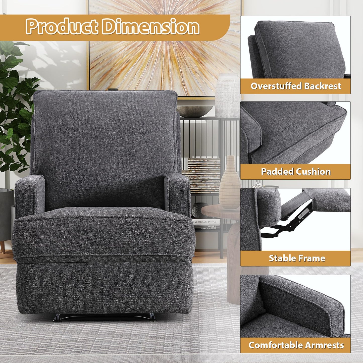 HAOMARKETS Classic Manual Recliner Chair for Adults, Soft Fabric Overstuffed Reclining Sofa Chair with Padded Backrest, Heavy Duty Recliners for Living Room, Grey