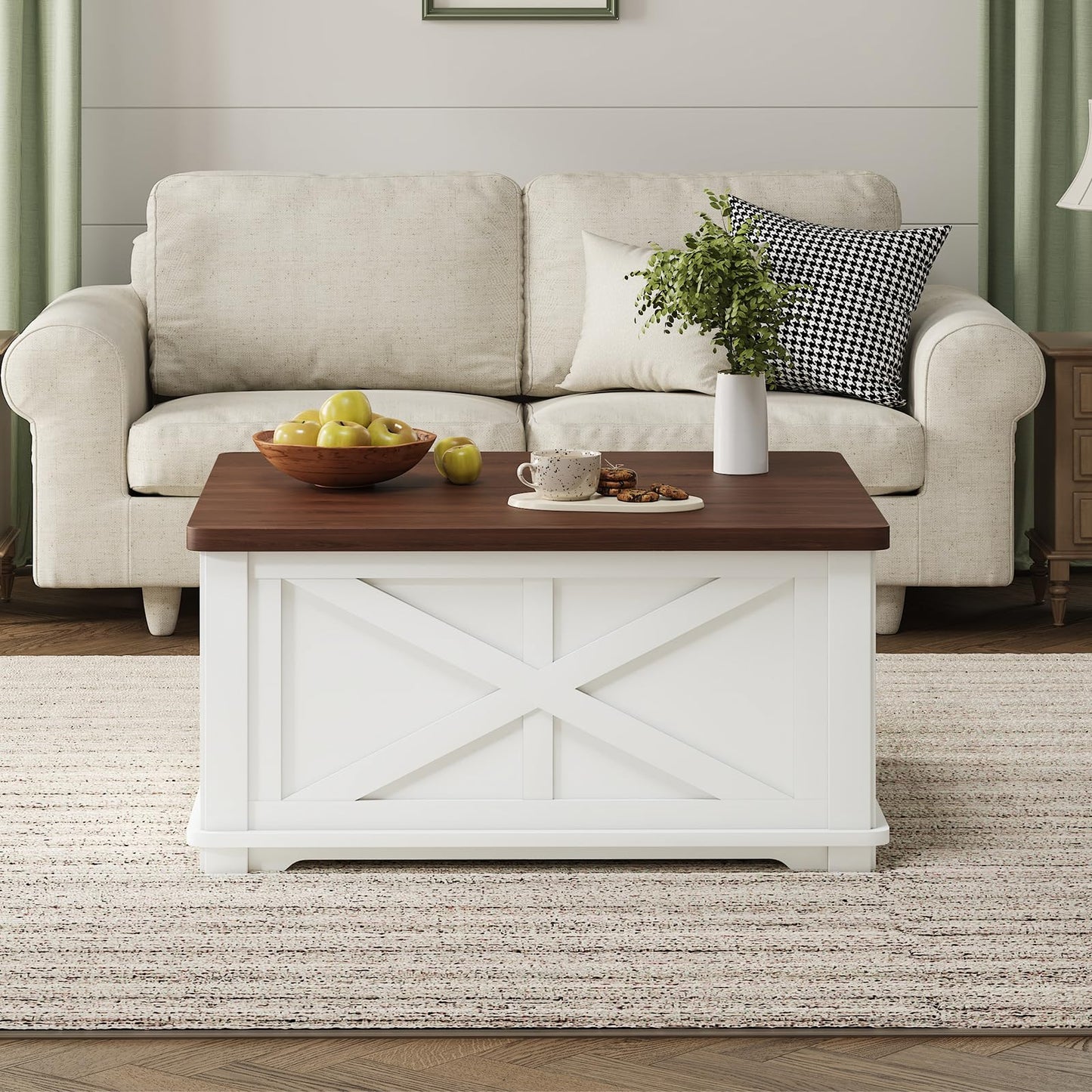 Airynee Farmhouse Coffee Table with Hydraulic Lifter, Square Coffee Table with Large Hidden Storage Compartment for Living Room, Wooden Coffee Tables with Brown Flip-Top Lids for Home Office, White