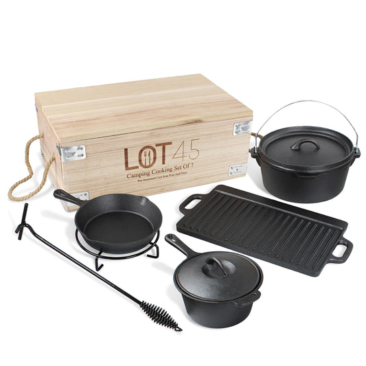 Lot45 Pre-Seasoned Dutch Oven Camping Cooking Set Cookware - Cast Iron Griddle, 4qt Dutch Oven, Griddle Pan, Frying Pan, Pre-Seasoned Cast Iron Camping Cooking Set with Storage