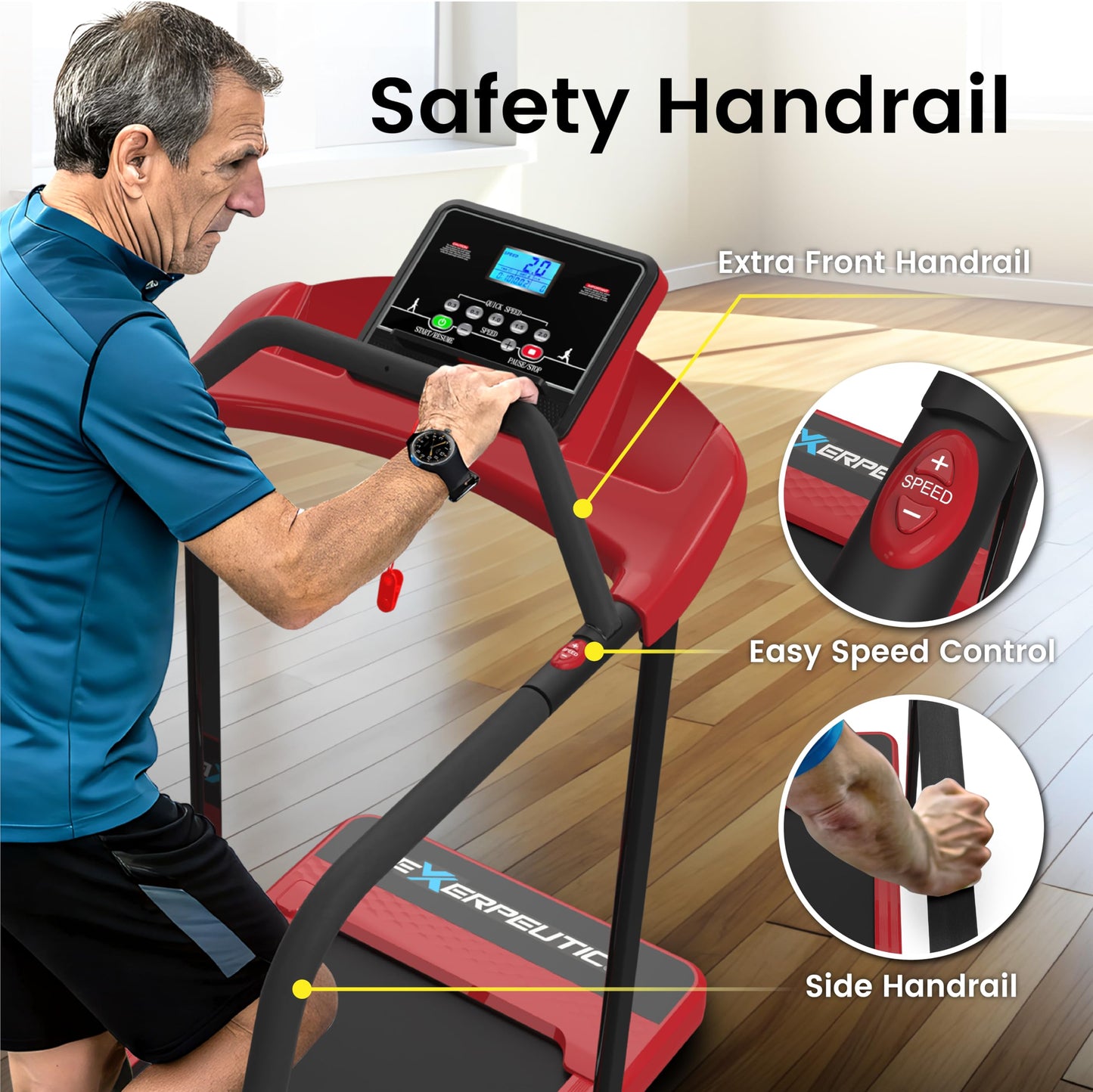 Senior Fitness Treadmill, 400 lb Capacity, Safe Design with Full-Length Rails, Low Step-Up Height, 0.3–4 MPH Motorized Walking Treadmill for Elderly, Recovery & Home Exercise