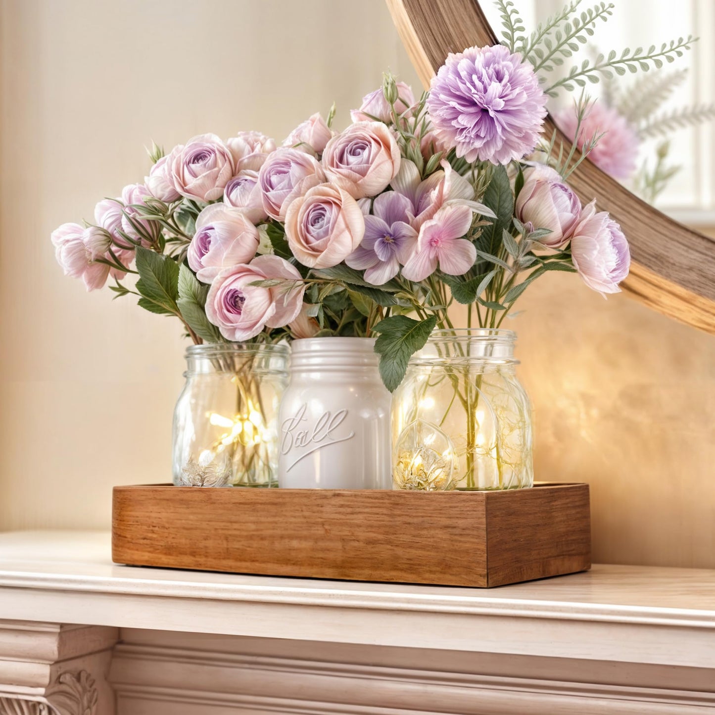 LIOZLIOLY Dining Mason Jar Lights Centerpiece Table Decorations for Dining Room Farmhouse Coffee Table Decor with Wood Tray, 3 Jars Artificial Flowers and Led Light for Kitchen Living Room (Purple)