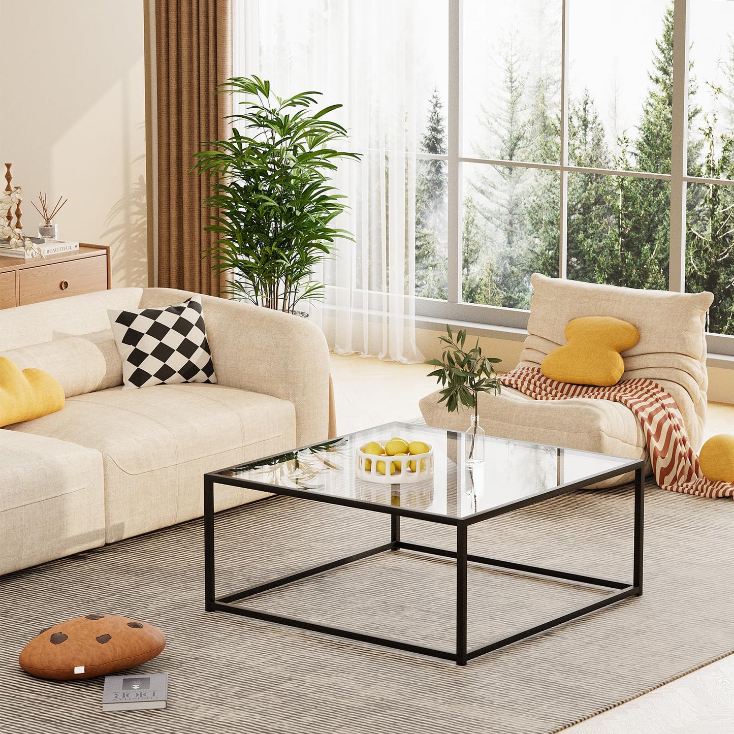 Black Glass Coffee Table for Living Room,Square Coffee Tables for Small Spaces,Simple Tea Cocktail Modern Center Tables, Living Room Tables,Easy Assembly,26 * 26in（Black & Clear Glass）