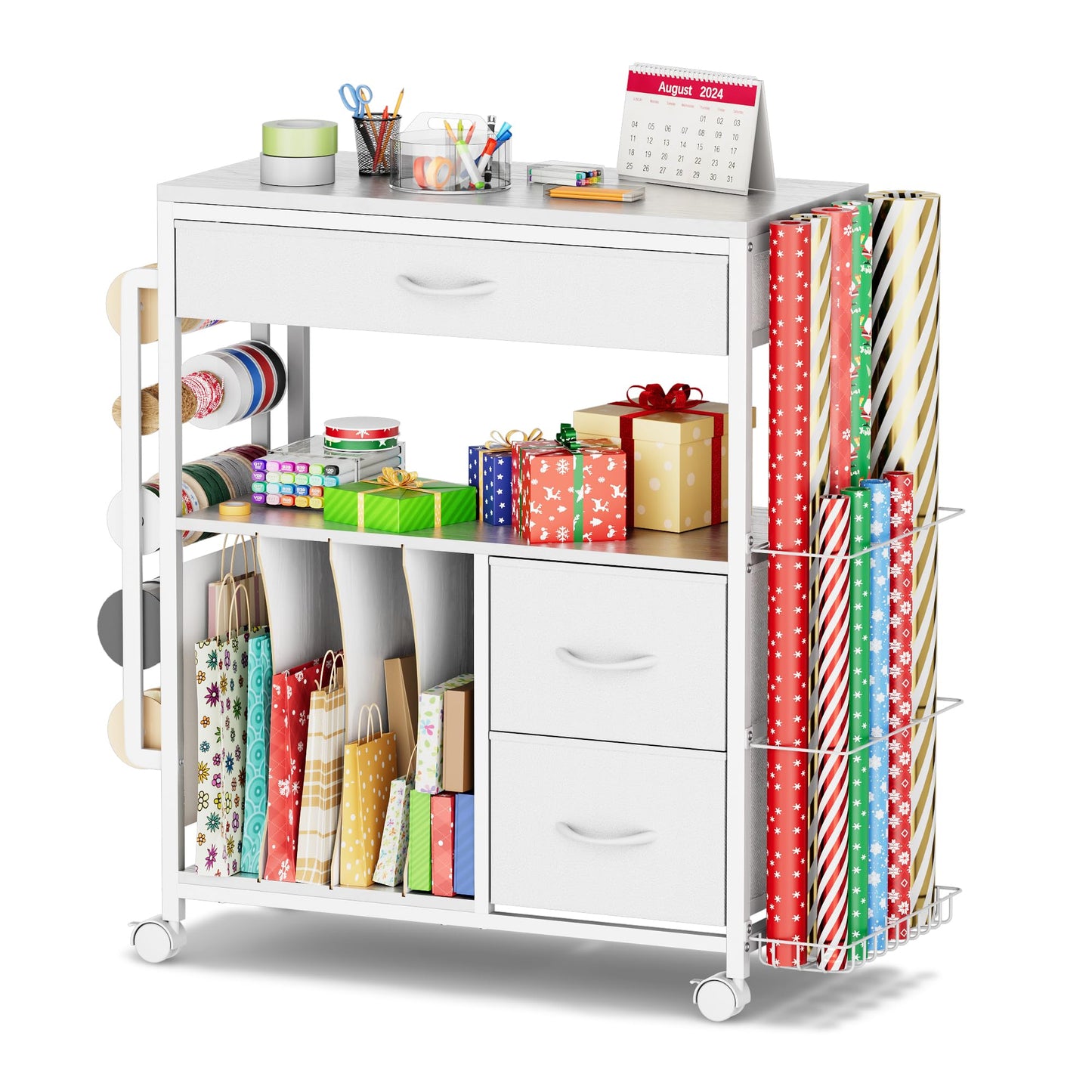 PUNLUXU Wrapping Paper Storage Cart, Rolling Gift Wrap Station with Ribbon and Gift Bag Storage, Wrapping Paper Organizer Holder, Craft Organizers and Storage, Craft Storage Cart 03 Patent Protected